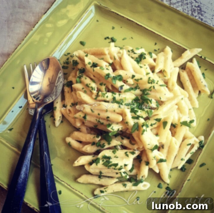 A bowl of creamy pasta con Quattro Formaggio.