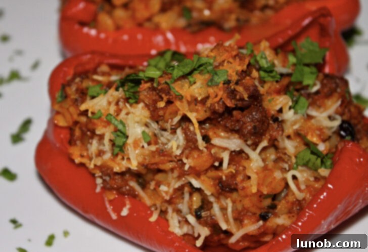Bolognese and risotto stuffed red peppers topped with Asiago cheese.