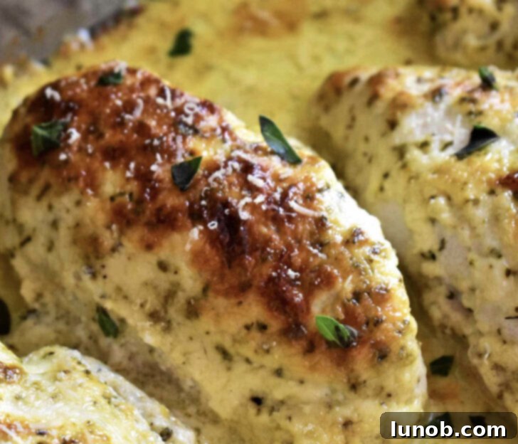 Creamy baked Asiago chicken breasts.