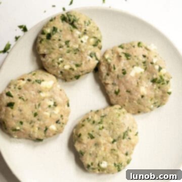 Four perfectly formed raw chicken burger patties resting on a plate, ready for grilling.