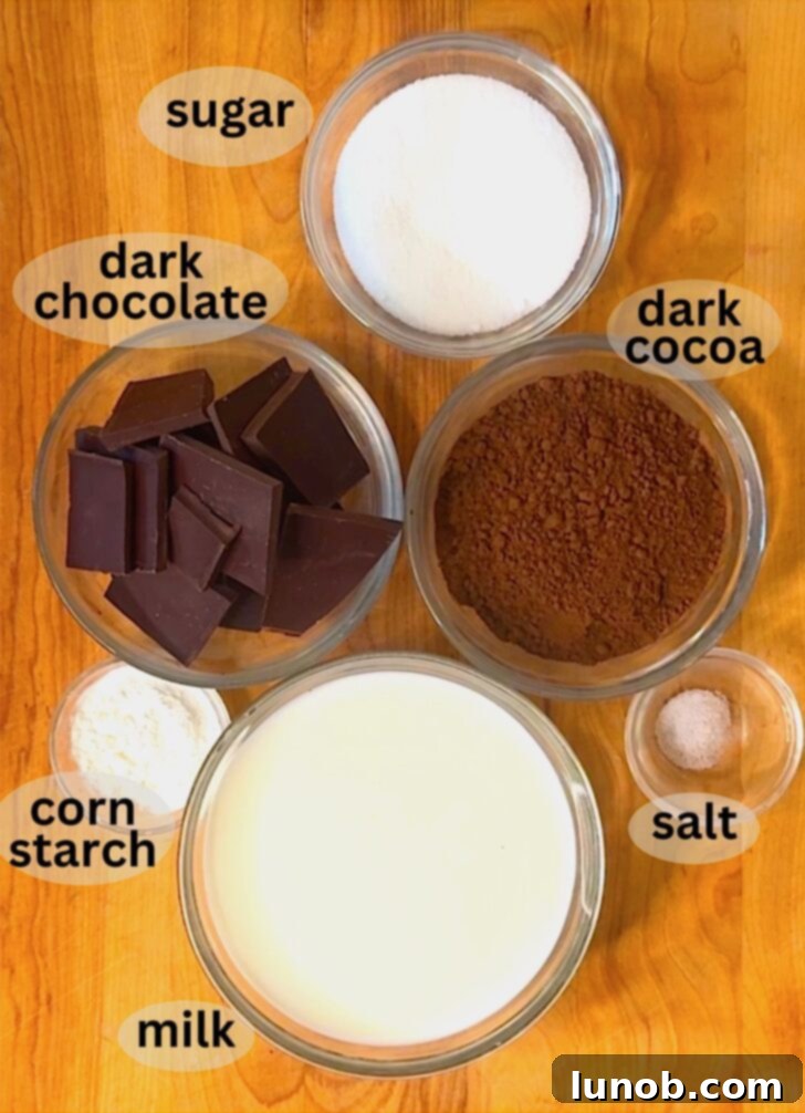 Essential ingredients for making Italian hot chocolate laid out on a table, including dark chocolate, cocoa powder, milk, sugar, and cornstarch.