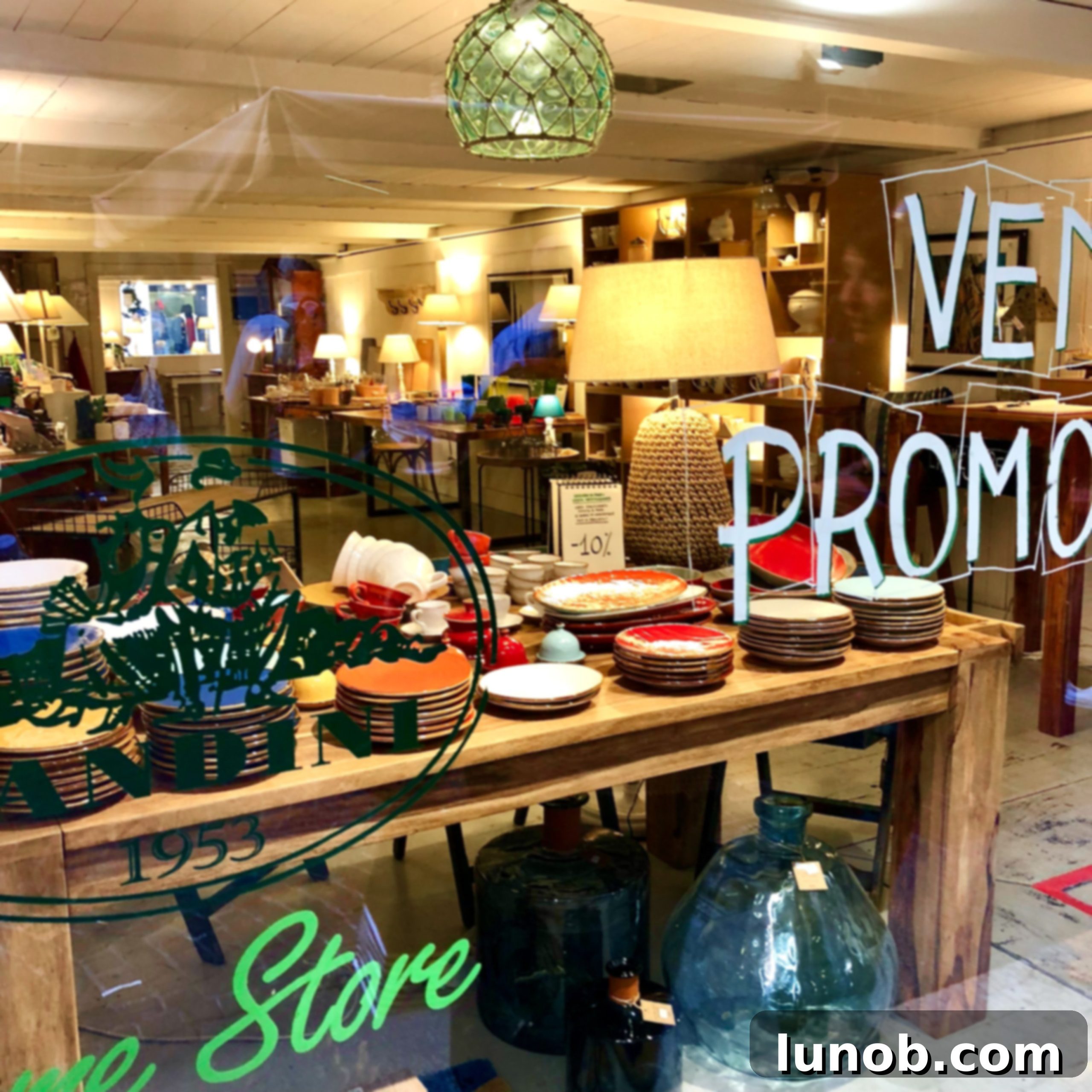 Interior of an Italian ceramics shop in Verona, showcasing colorful pottery