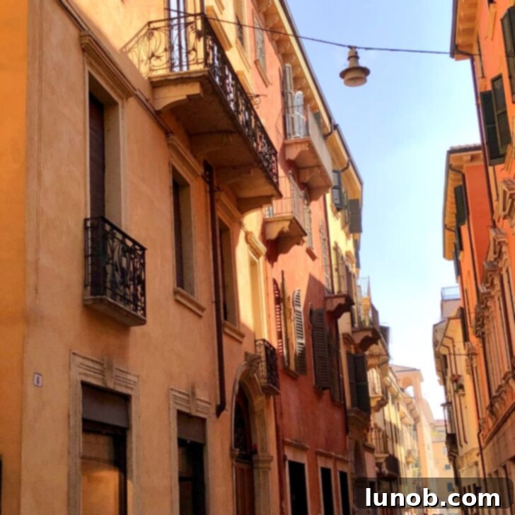 Charming street scene in Verona with buildings in warm earthy tones and green shutters