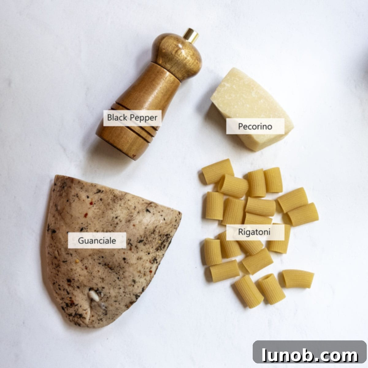 Pasta Alla Gricia: Rome's Simple Perfection 3 A selection of high-quality ingredients laid out for making Pasta alla Gricia, including guanciale, Pecorino Romano, and rigatoni.