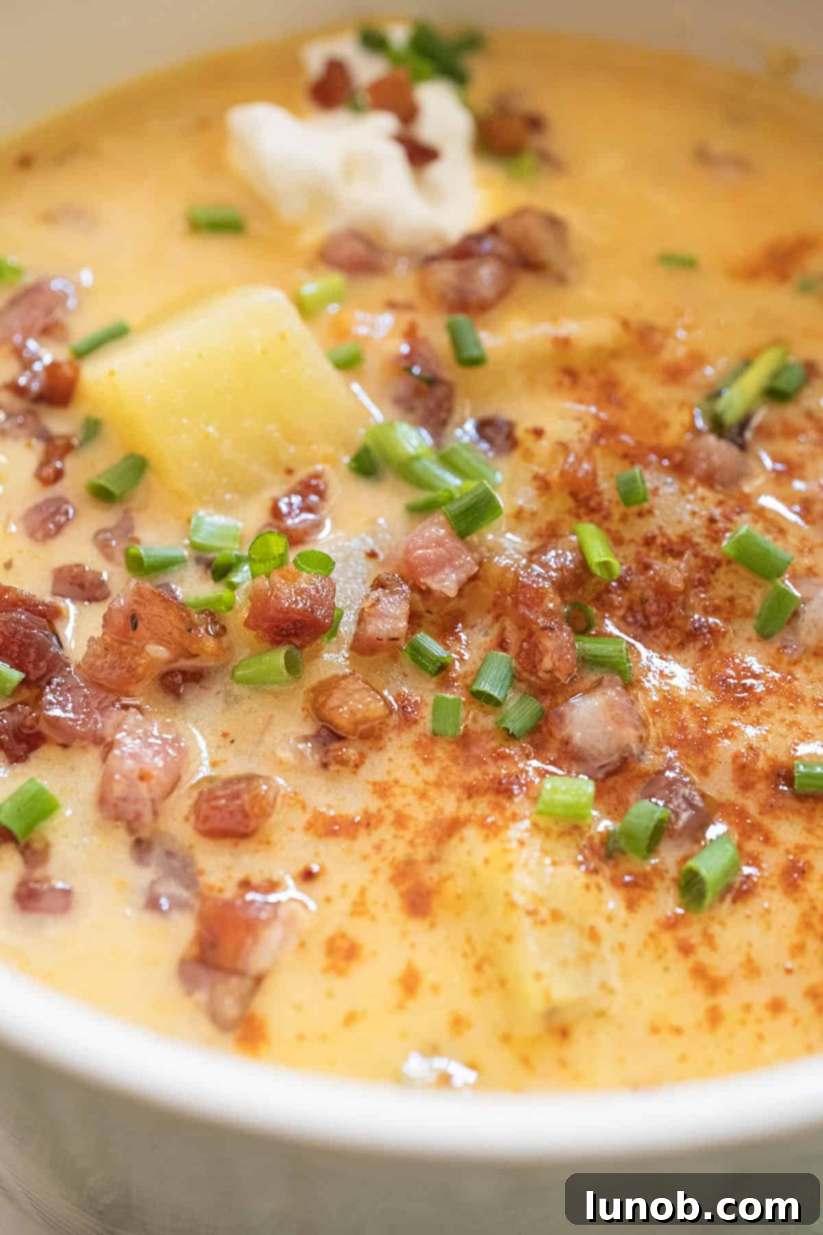 Velvety Potato and Onion Soup 12 Creamy potato and onion soup topped with pancetta, chives, and sour cream.