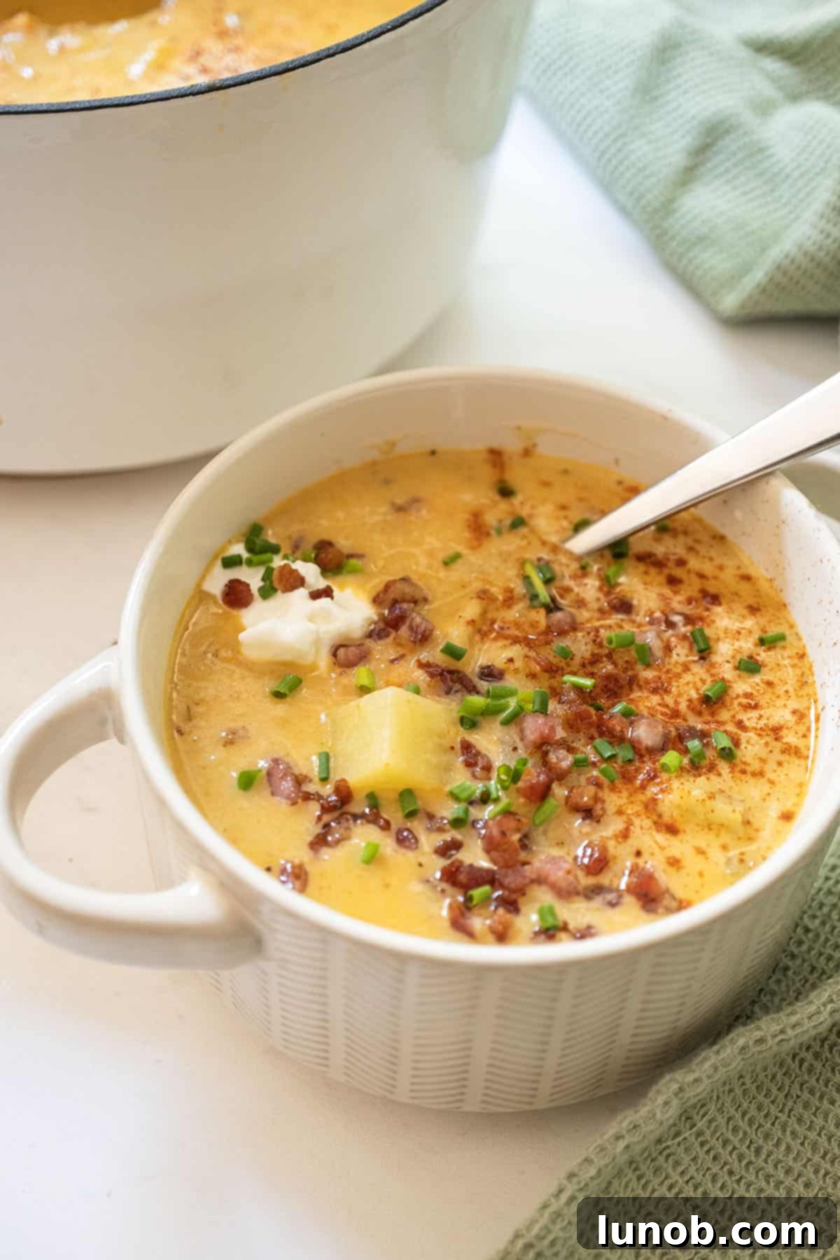 Velvety Potato and Onion Soup 13 Creamy potato and onion soup topped with pancetta, chives, and sour cream next to the pot of soup.