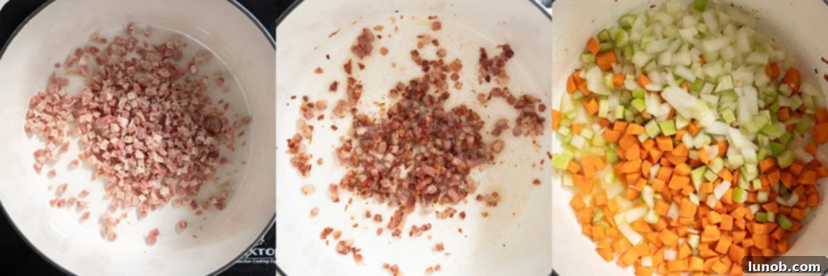 Velvety Potato and Onion Soup 5 3 photo collage of pancetta in a cold pot, then panceta being fried golden and crispy, then sofrito being sauteed.