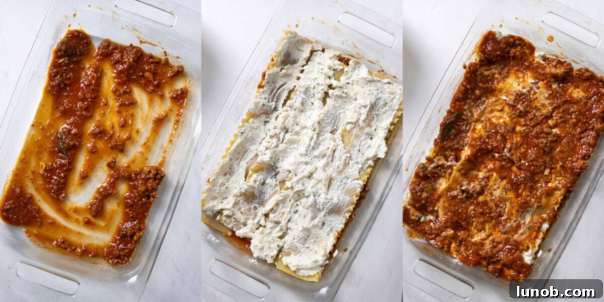 A baking dish showing the process of layering lasagna with sauce, noodles, and cheese.