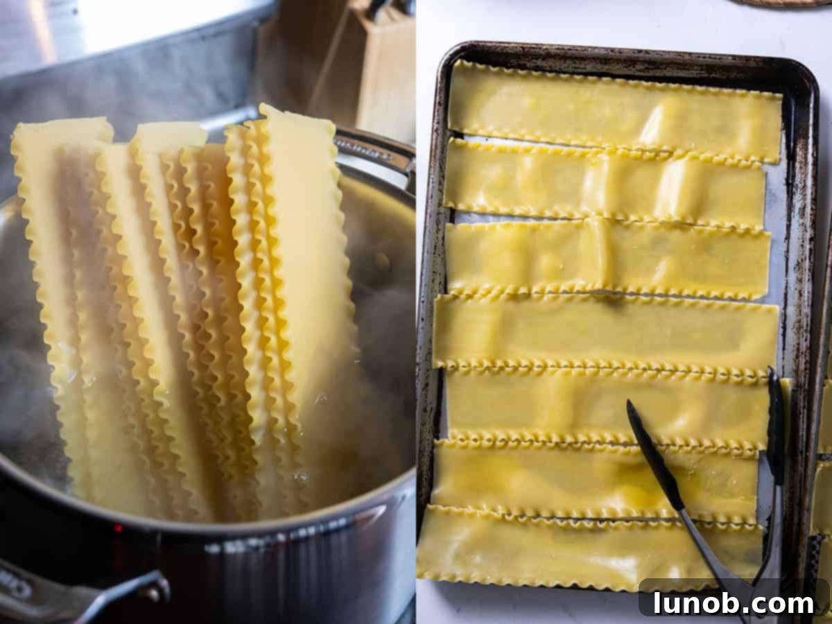 Lasagna noodles boiling in a large pot and then laid out flat on greased baking trays to cool.