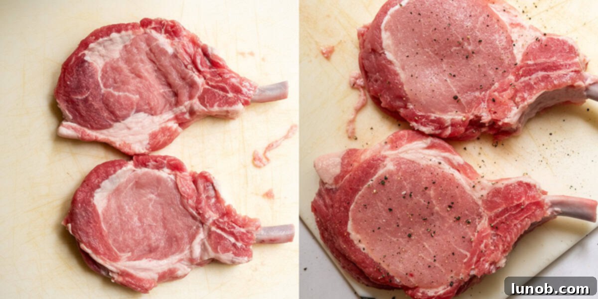 Golden Crispy Milanese Pork Chop 4 pork chops beat and tenderized on left then seasoned with salt and pepper on right.