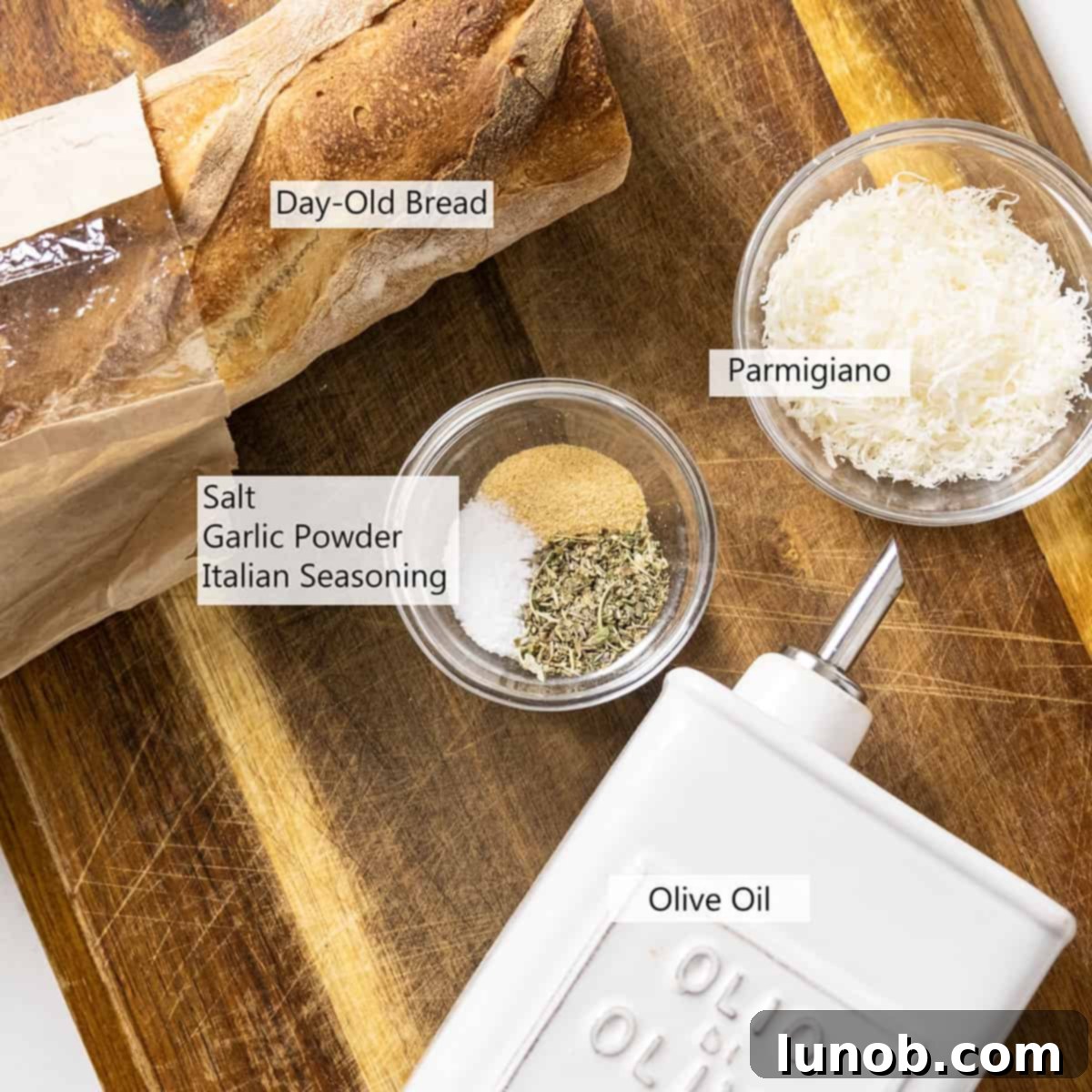 Crispy Homemade Parmesan Croutons 3 Ingredients for the recipe.