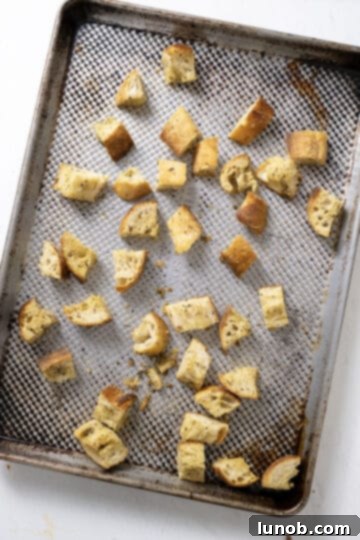 Crispy Homemade Parmesan Croutons 7 Croutons baked on a baking sheet.