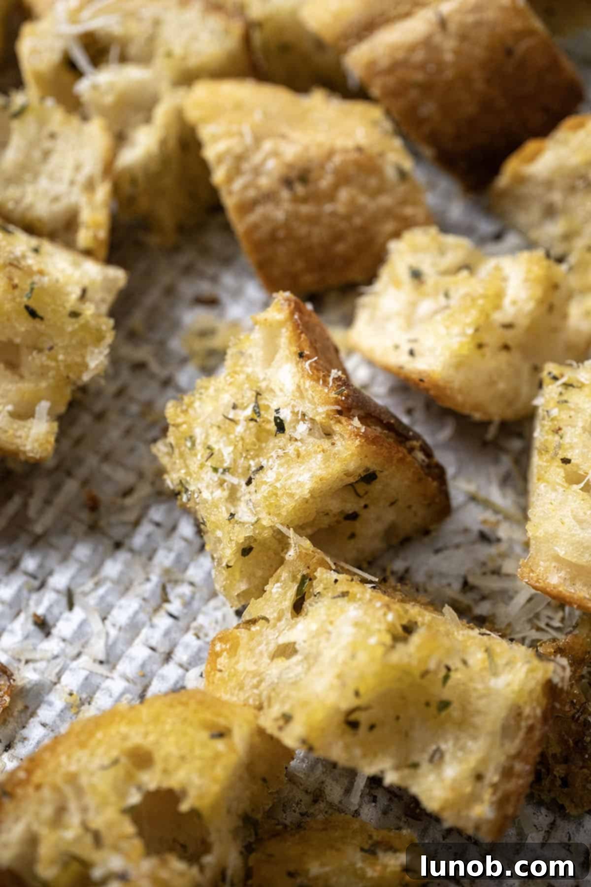 Crispy Homemade Parmesan Croutons 8 A parmesan seasoned crouton.