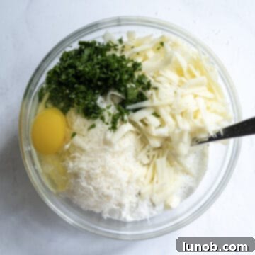 Creamy Ricotta Dreams 4 A bowl with ricotta, eggs, mozzarella, parsley, and parmesan cheese, pre-mixed.
