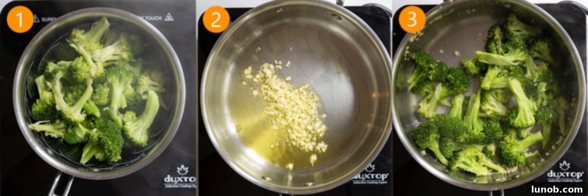 Steaming broccoli and sautéing garlic with broccoli in a pan.