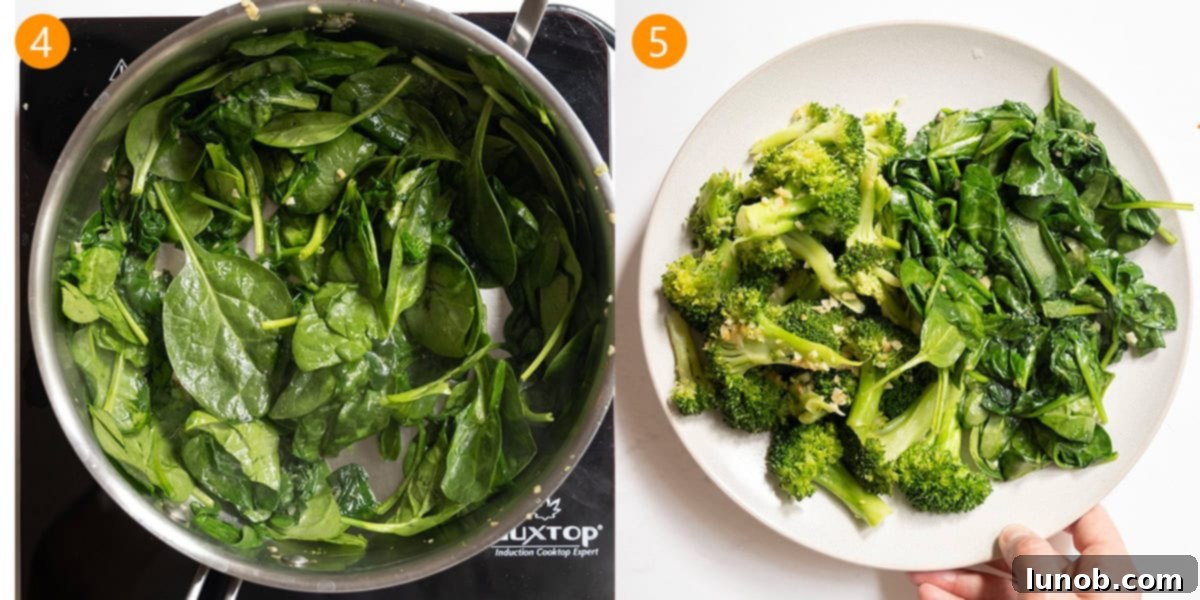 Sautéed spinach next to a plate of chopped broccoli and spinach, cooling.