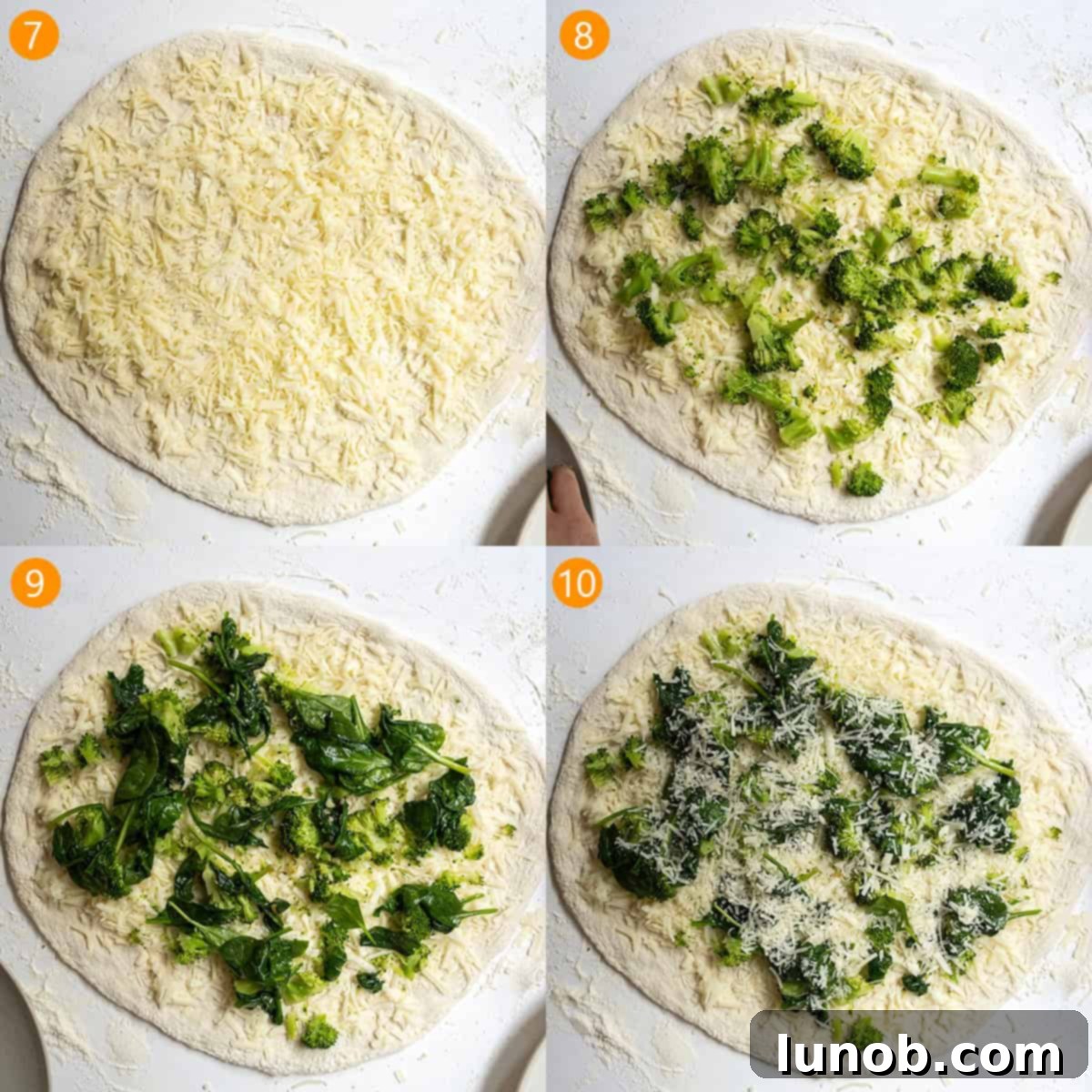 Spreading mozzarella, provolone, broccoli, and spinach evenly over the pizza dough.