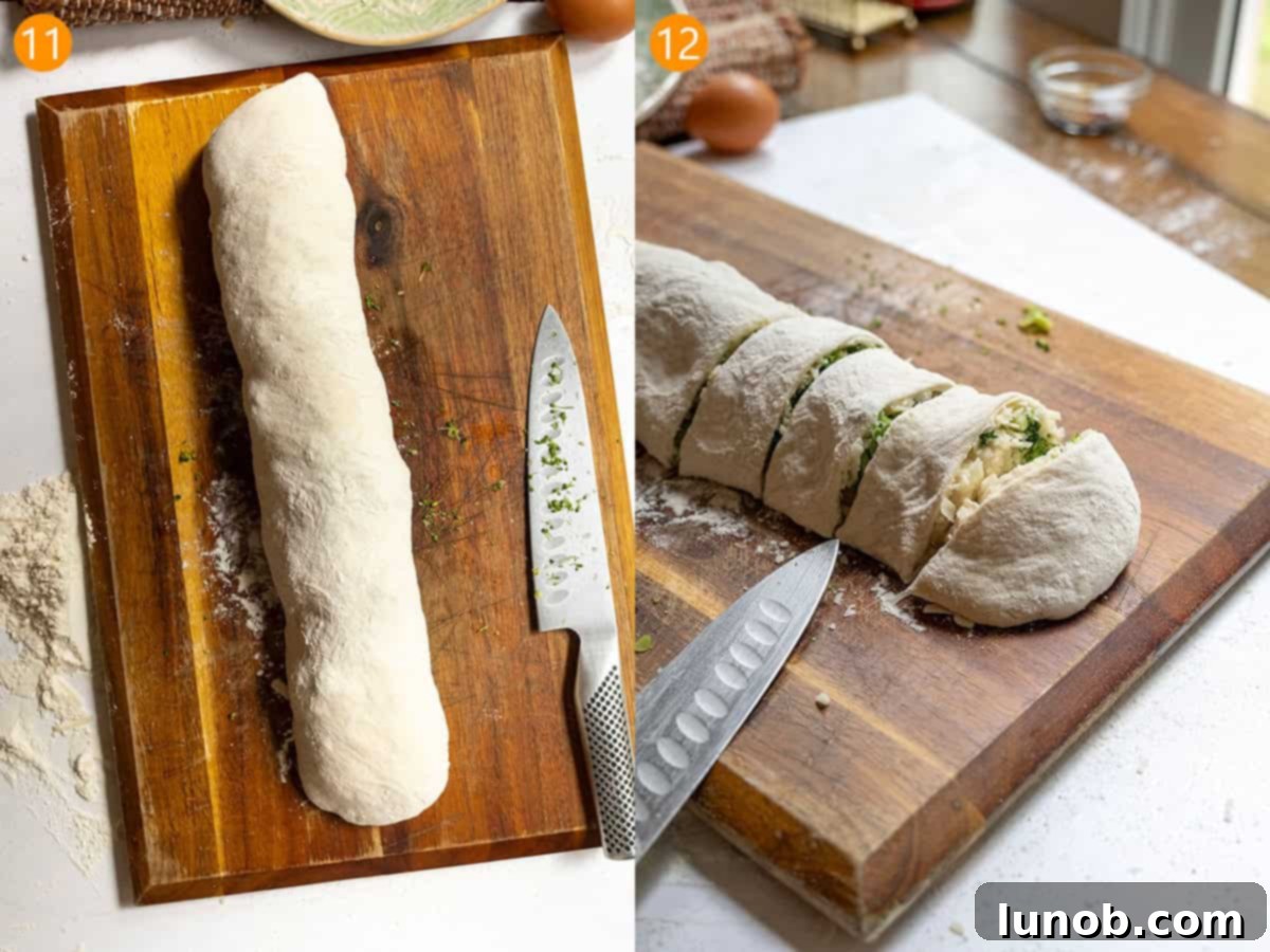 Rolling the stromboli dough and then cutting it into uniform pinwheels on a cutting board.