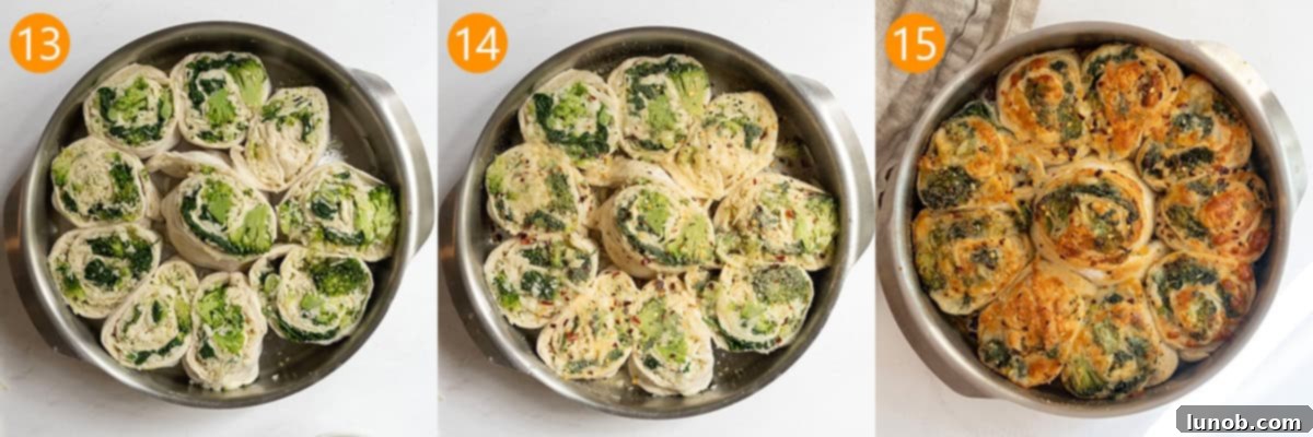 Veggie pinwheels arranged in a greased cake pan, brushed with egg white and seasoned.