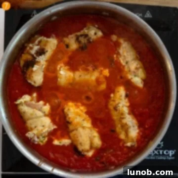 Chicken rollatini carefully placed into the simmering tomato sauce.