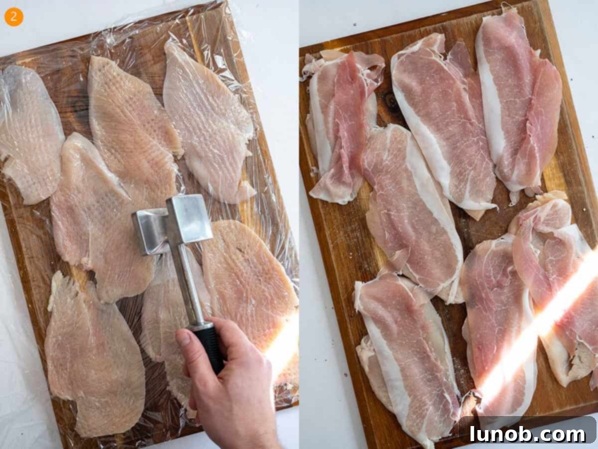 Thinly sliced and tenderized chicken breast with prosciutto laid on top.