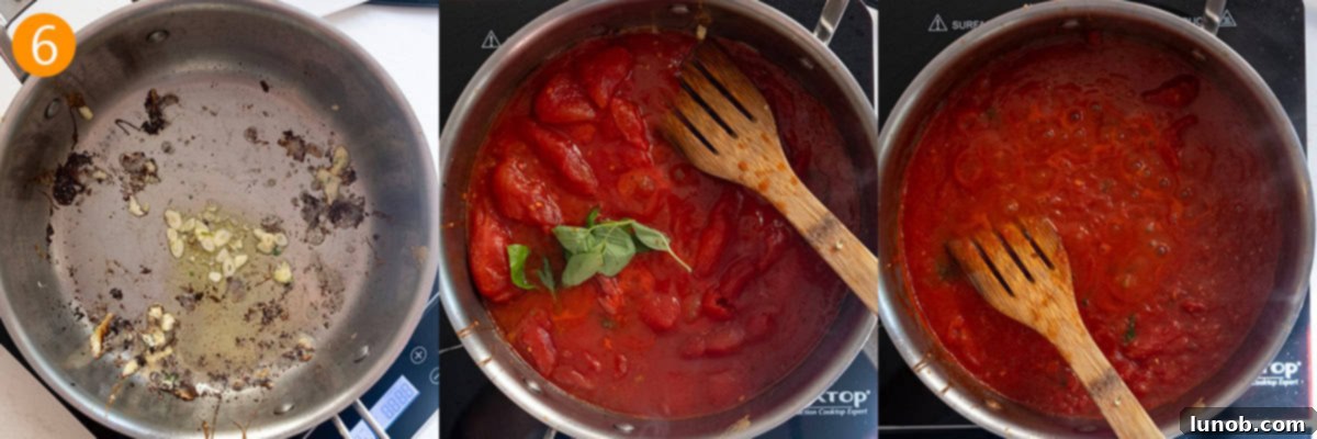 Minced garlic simmering in a pan, followed by the addition of crushed tomatoes to create the sauce.