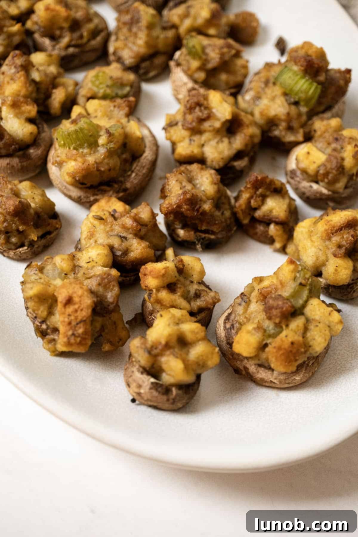 Ultimate Italian Sausage Stuffed Mushrooms 2 Plate of golden-baked Italian Sausage Stuffed Mushrooms, ready to serve.