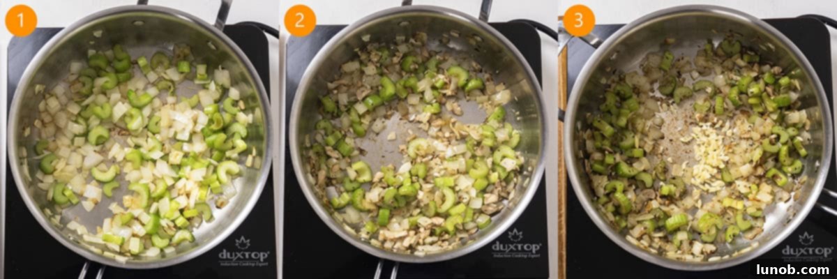 Savory Italian Sausage Thanksgiving Stuffing 5 Celery, onion, mushrooms, and garlic being sautéed in a large saucepan, releasing their aromas.