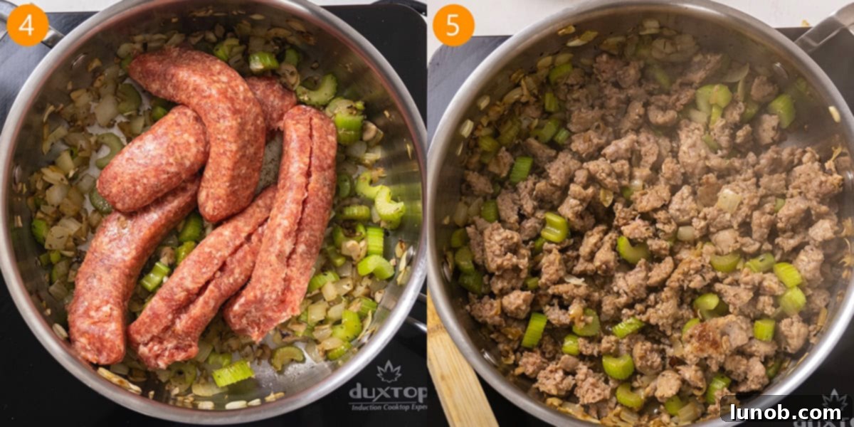 Savory Italian Sausage Thanksgiving Stuffing 6 Ground sweet Italian sausage browning in a pan with sautéed vegetables, ready to be incorporated into the stuffing.