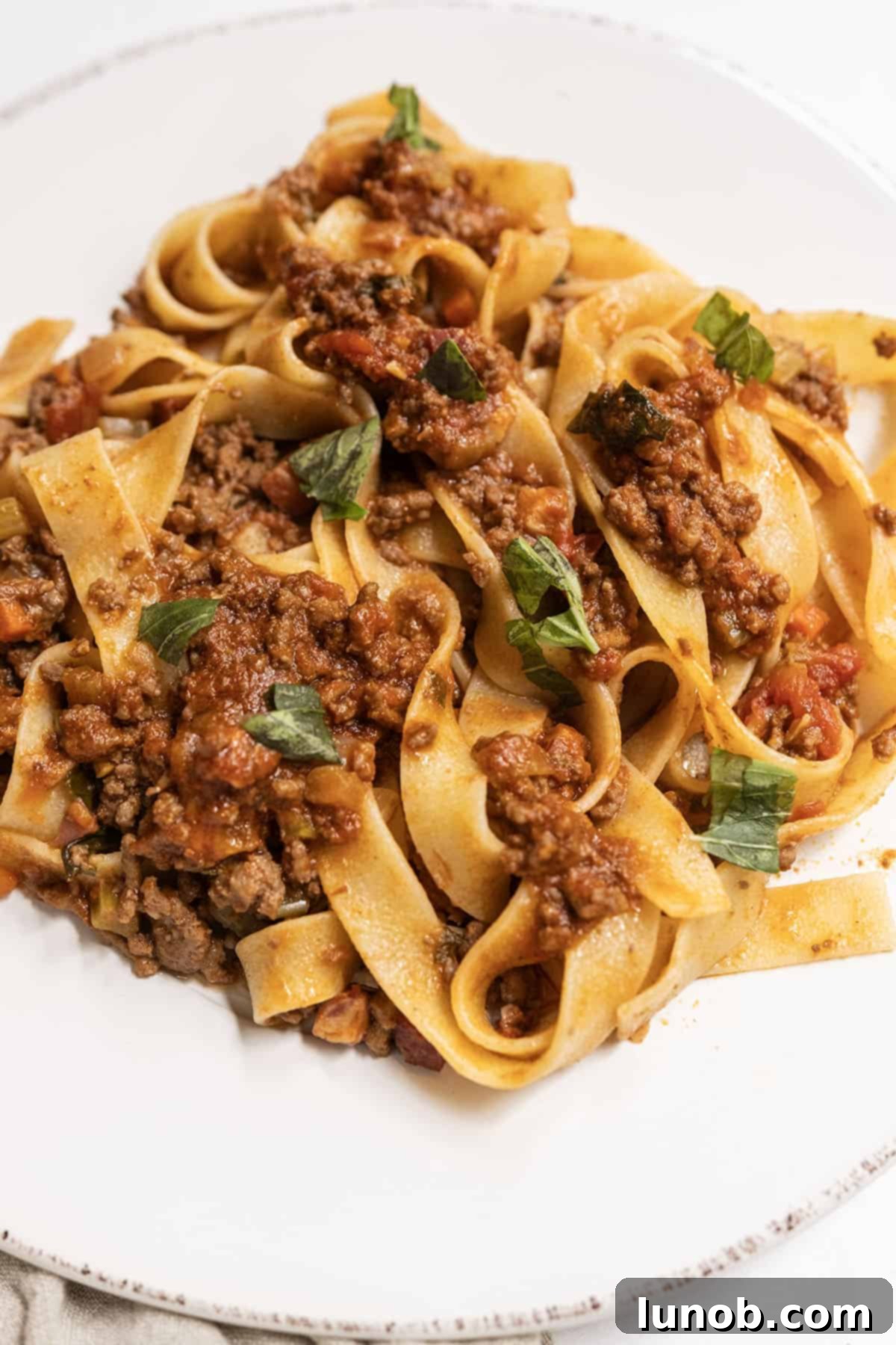 Classic Ragu Bolognese 2 Bolognese served over pappardelle on a plate, garnished with fresh basil and Parmesan.