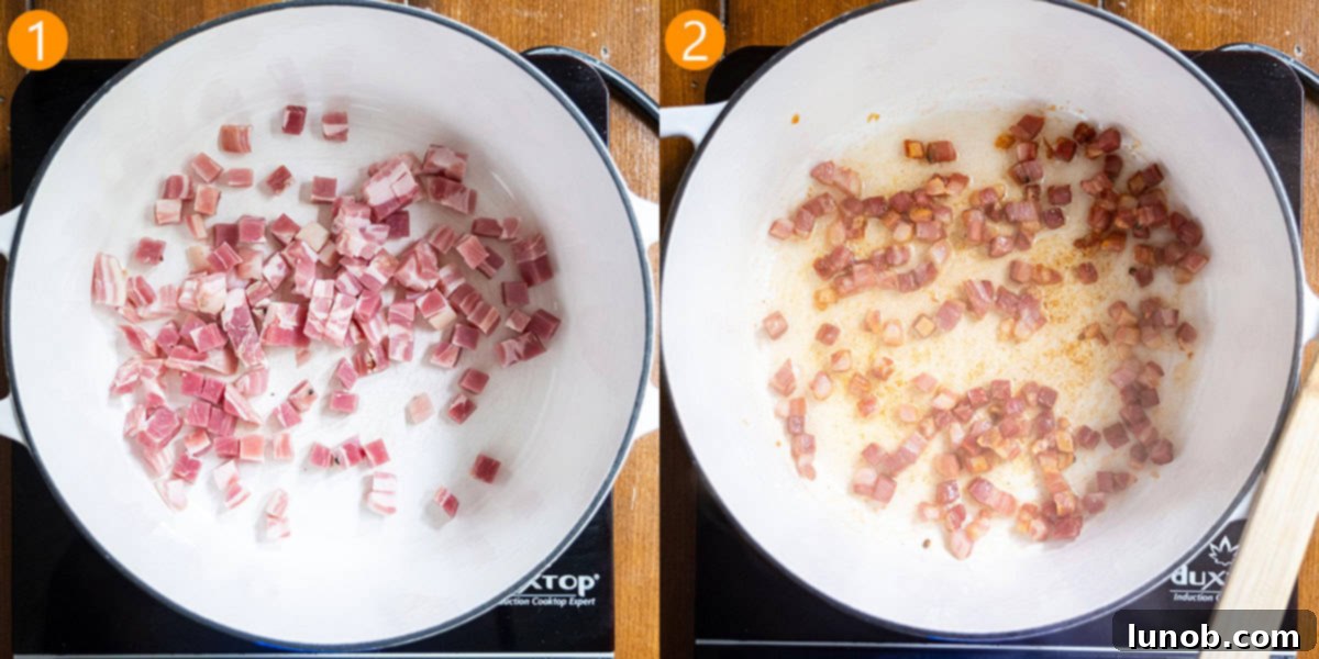Classic Ragu Bolognese 4 Step 1 and 2 of frying pancetta in a cold pan to a golden brown color.
