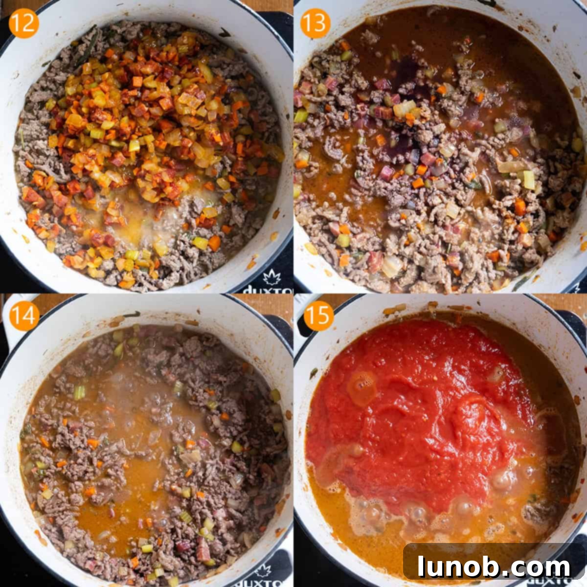 Classic Ragu Bolognese 8 Combining the meat, vegetables, wine, milk, and tomato sauce in 4steps.