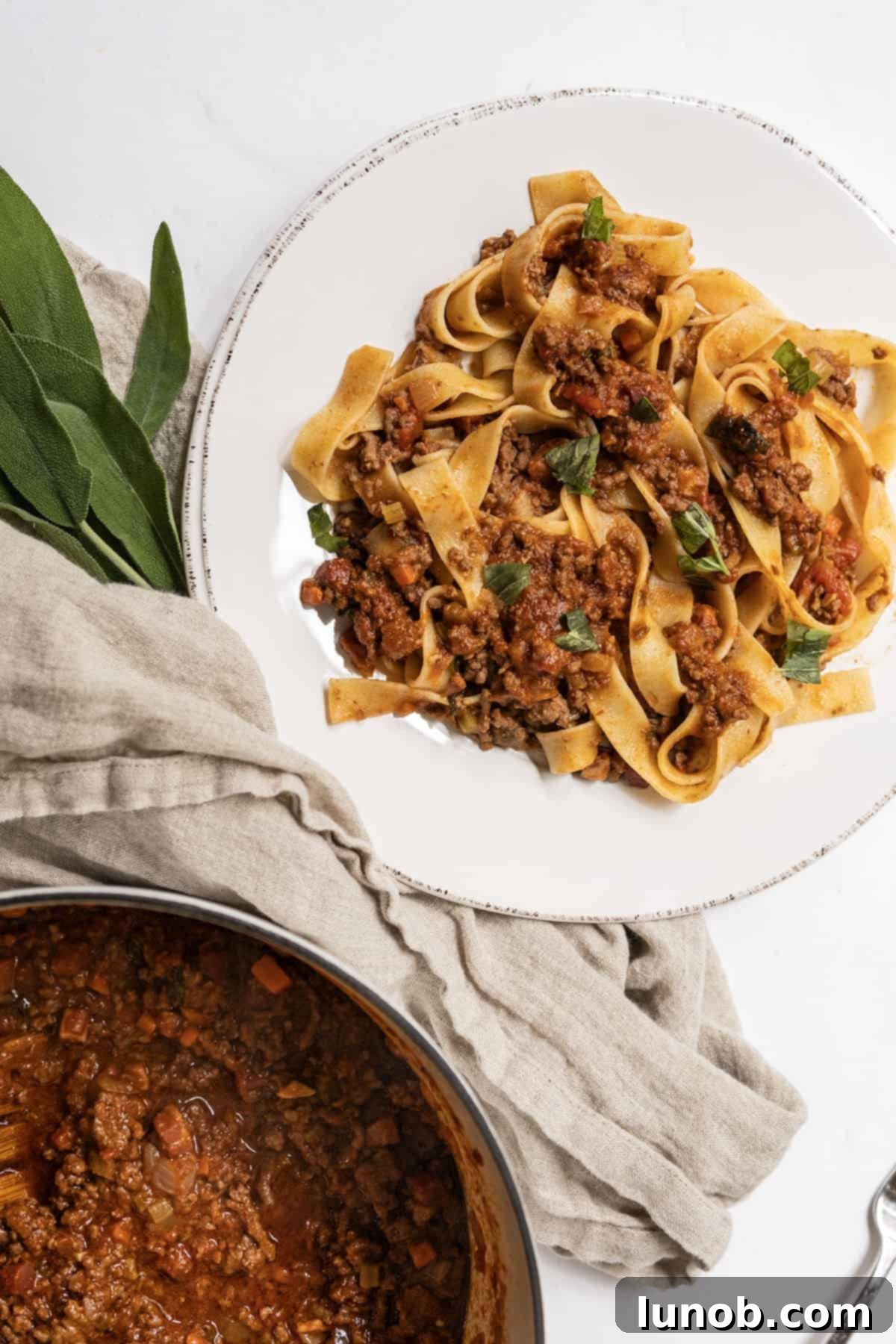 Classic Ragu Bolognese 10 Bolognese served over pappardelle on a plate next to the pot of sauce.