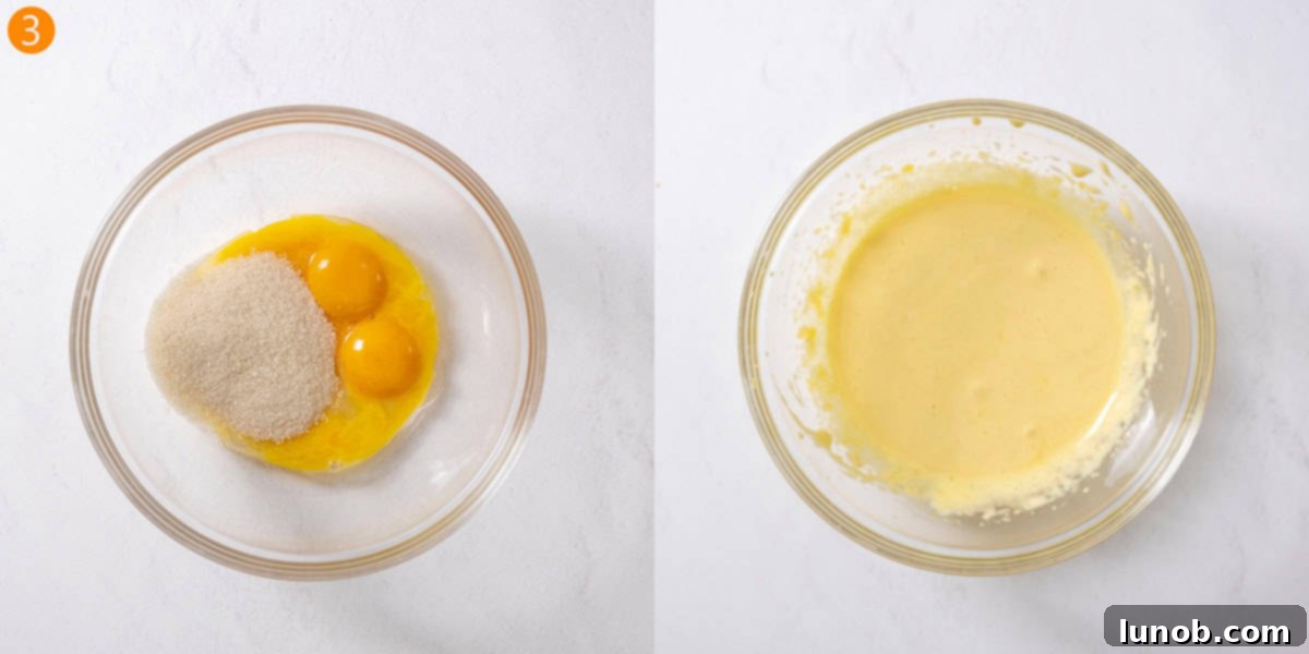 Egg yolks and the remaining sugar beaten together until light pale yellow and fluffy.