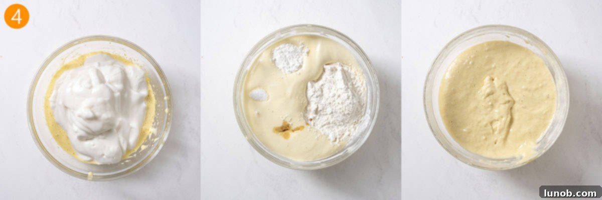 Egg whites delicately folded into the egg yolks along with dry ingredients and vanilla extract.