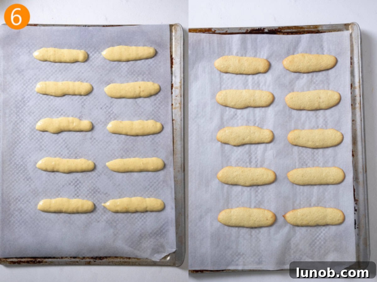 Baked ladyfingers on a baking sheet, showing their slightly golden edges.