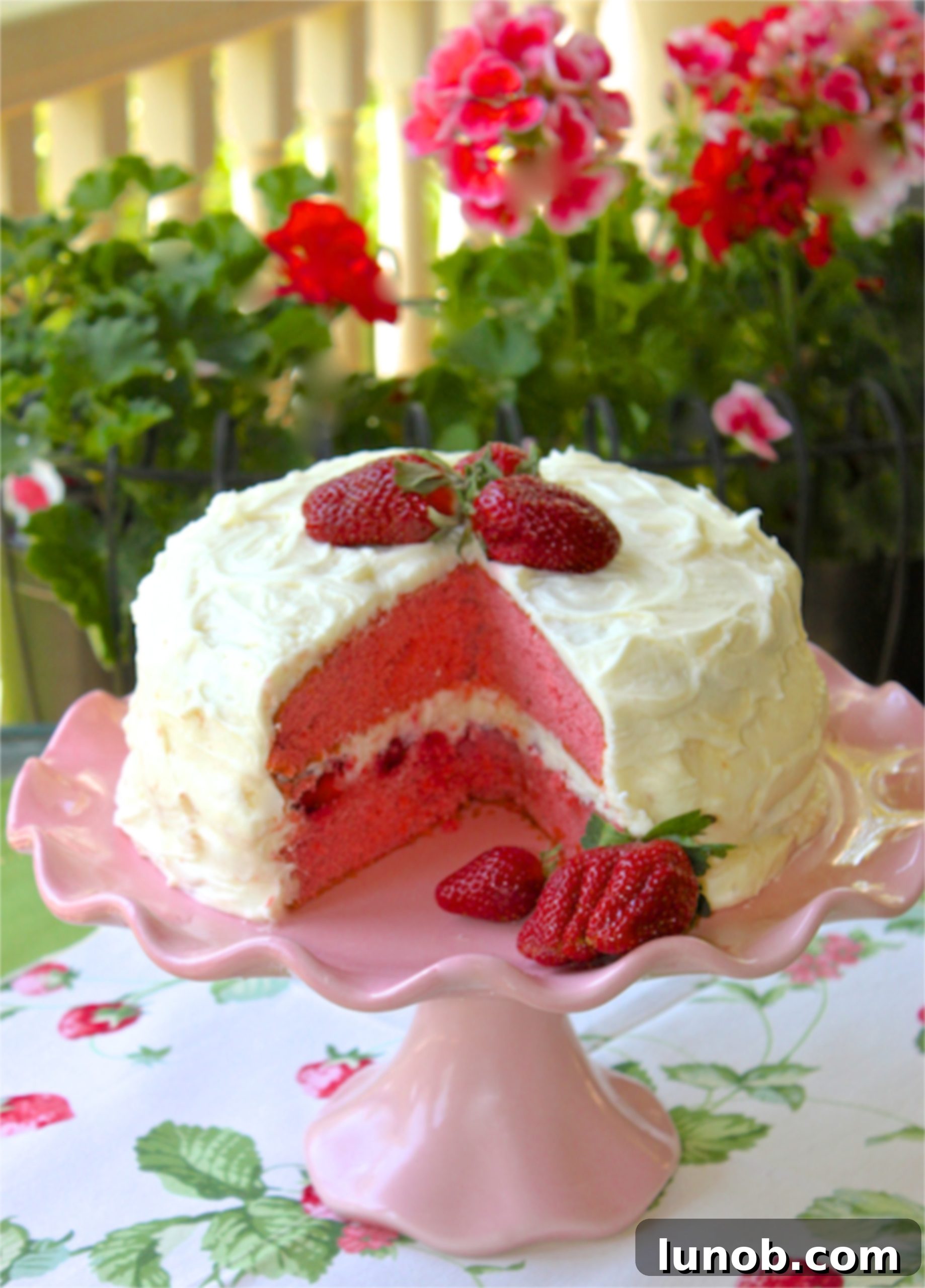 Heavenly Strawberry Mascarpone Cake 2 Tall, elegant strawberry layer cake with mascarpone frosting, garnished with fresh strawberries