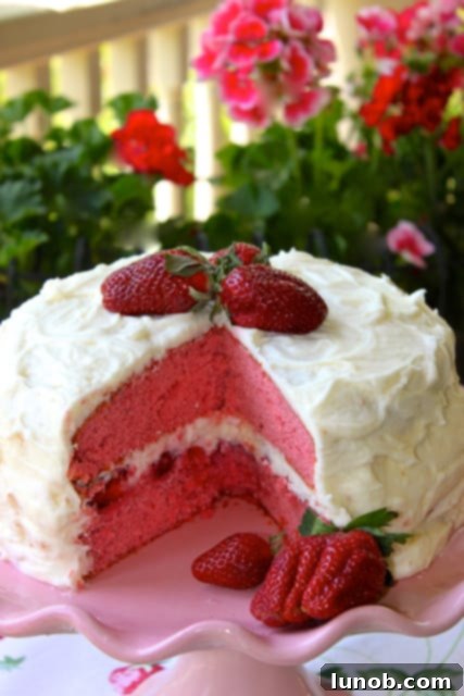 Heavenly Strawberry Mascarpone Cake 3 Close-up of a strawberry layer cake slice on a plate with strawberry puree
