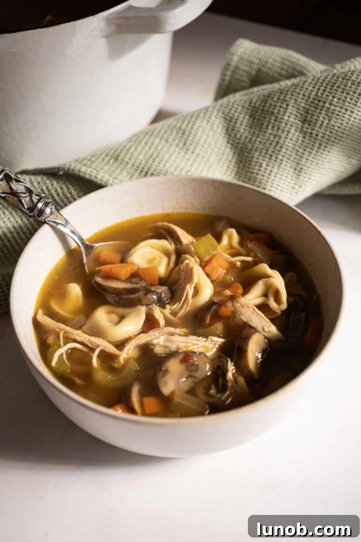 Comforting Chicken Tortellini Soup 12 A close-up shot of chicken tortellini soup in a white bowl, garnished with fresh parsley.