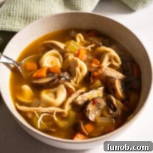 Comforting Chicken Tortellini Soup 13 A beautifully presented bowl of chicken tortellini soup, ready to be enjoyed.