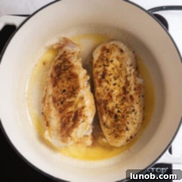 Comforting Chicken Tortellini Soup 5 Searing seasoned chicken breast in a large pot until golden brown.