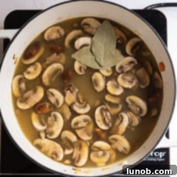 Comforting Chicken Tortellini Soup 9 Chicken broth being poured into the pot with bay leaves and vegetables, brought to a simmer.