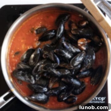 Mussels in tomato sauce in a pan.