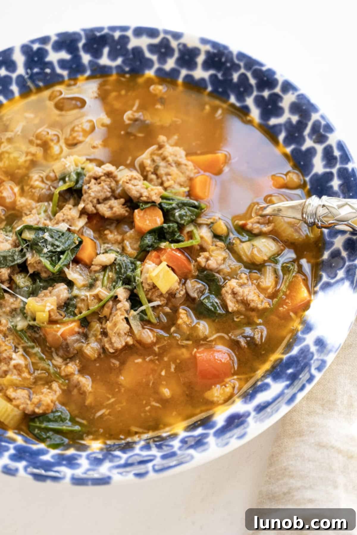 Soul-Warming Sausage and Lentil Soup 2 A beautifully presented bowl of hearty Italian sausage and lentil soup, garnished with fresh herbs, perfect for a cozy meal.