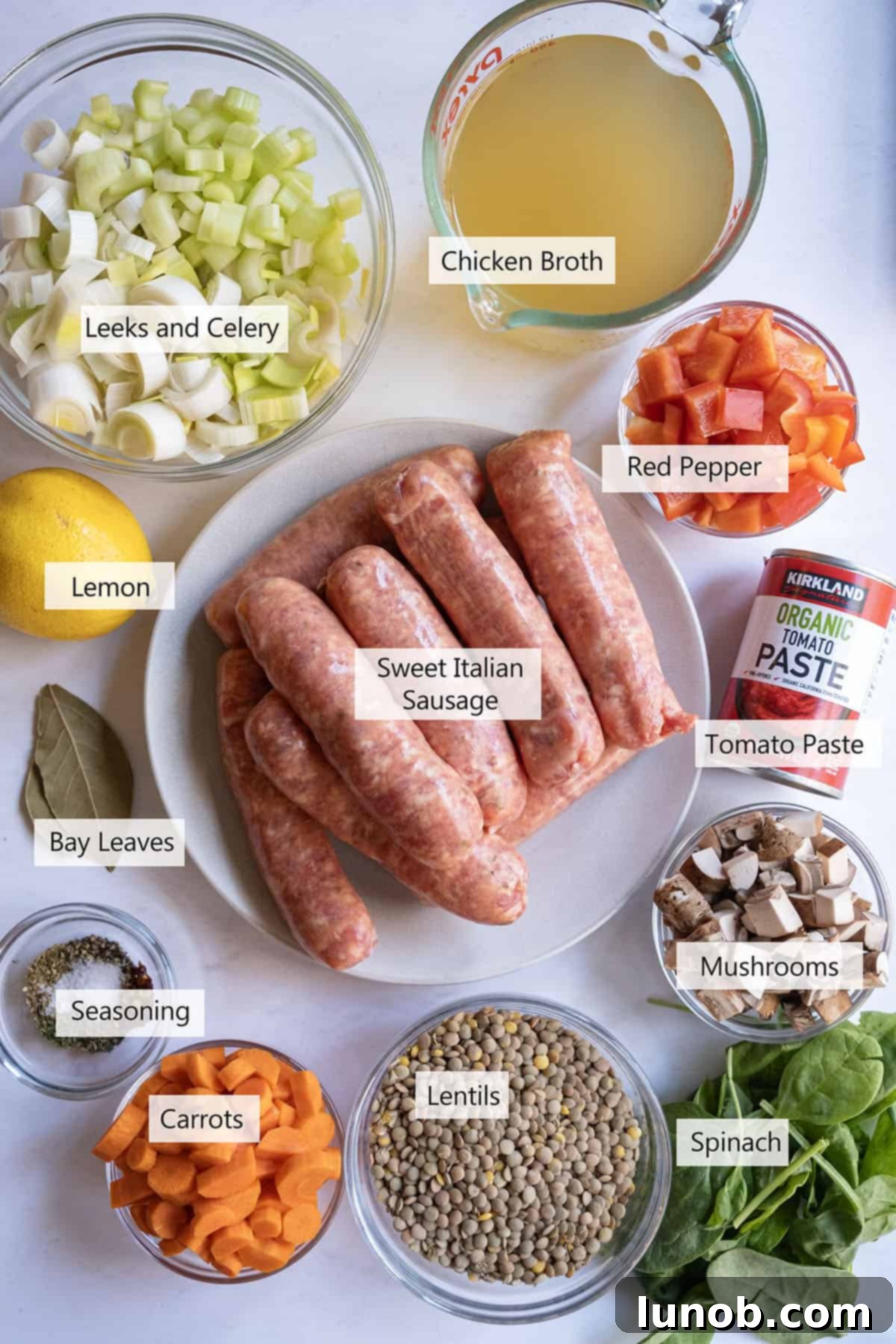 Soul-Warming Sausage and Lentil Soup 3 A vibrant selection of fresh ingredients laid out, including sweet Italian sausage, colorful leeks, carrots, celery, mushrooms, lentils, and seasoning herbs.