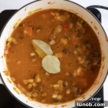 Soul-Warming Sausage and Lentil Soup 7 Chicken broth and bay leaves simmering in a pot, creating a fragrant base for the lentil soup.