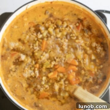 Soul-Warming Sausage and Lentil Soup 8 Lentil soup gently simmering in a pot, with lentils absorbing the flavorful broth.