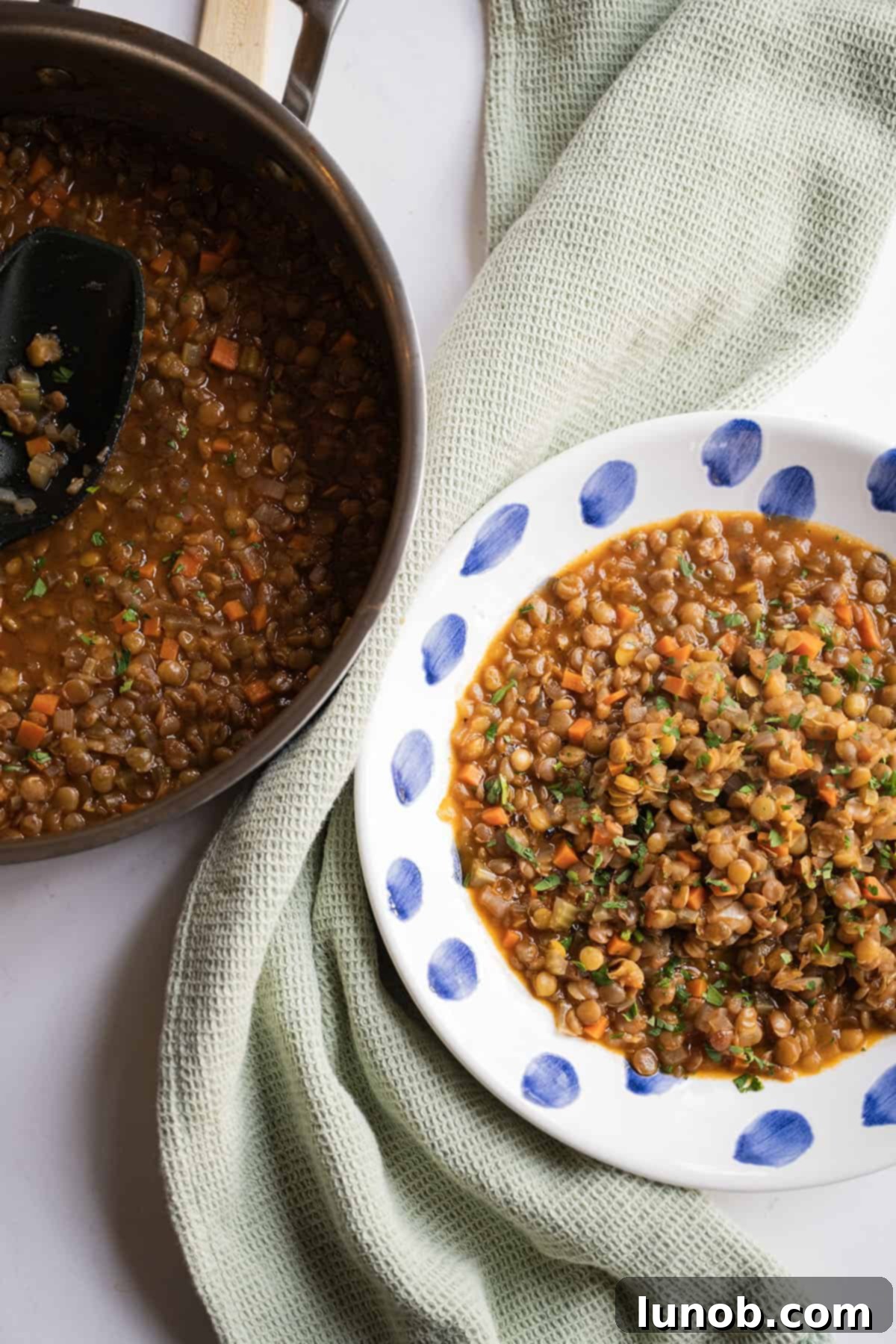Authentic Italian Lentils 11 A bowl of cooked Italian lentils next to a saucepan full of lentils.