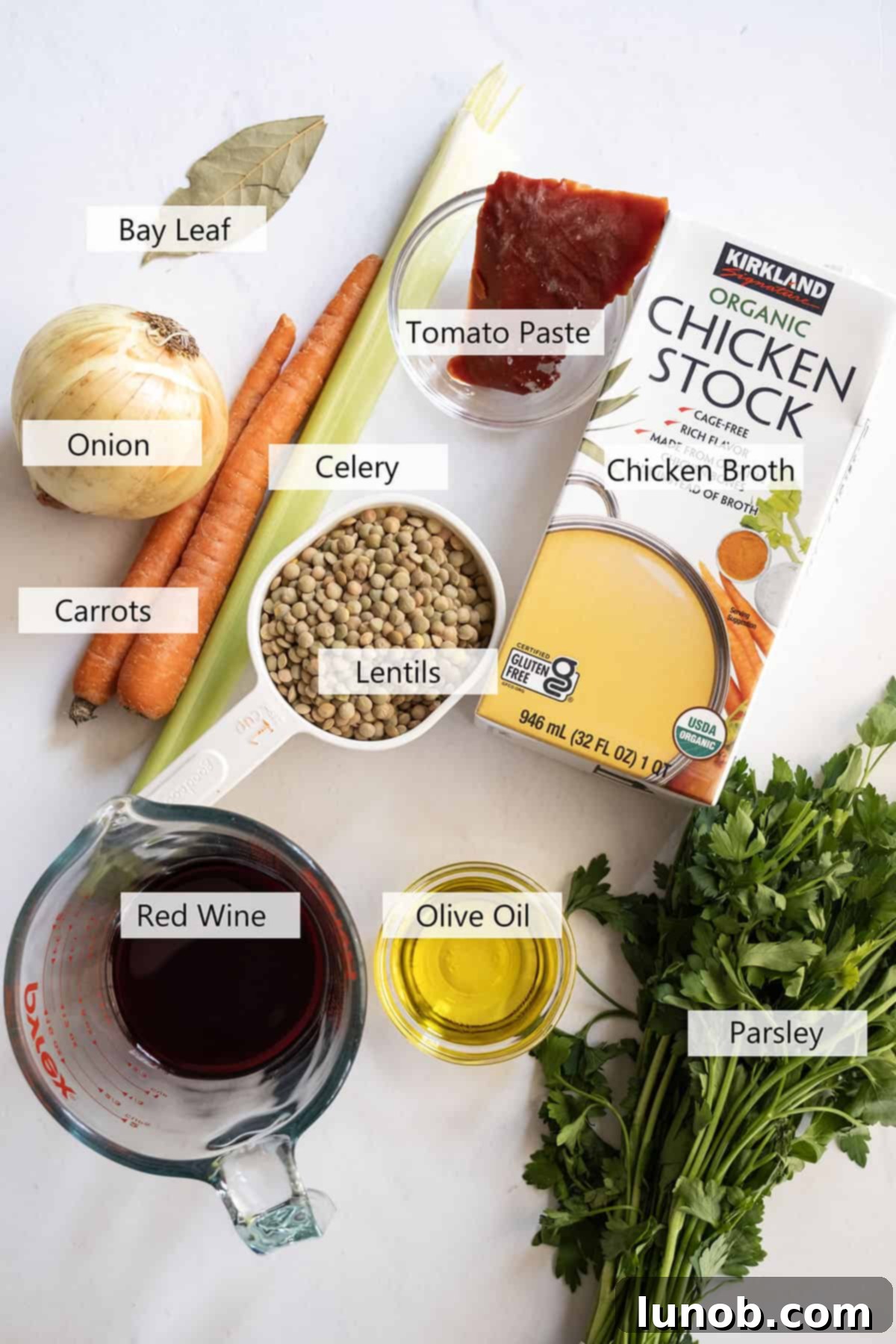 Authentic Italian Lentils 3 Fresh ingredients laid out for the Italian lentil recipe.