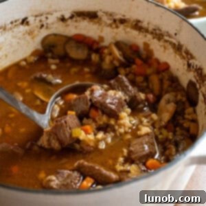 Beef and barley soup in a pot.